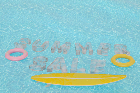 夏天销售与充气圆环和冲浪板在蓝色水3d 例证