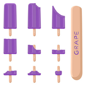 天然葡萄冰淇淋在棍子上的矢量插图标识。冰淇淋模式包括甜冷冰淇淋, 设置可口的冷冻甜点。果枝上紫葡萄鲜果各式各样