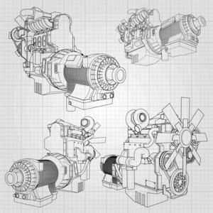 大的柴油发动机用卡车在方格纸上轮廓线所示。灰色的背景上的黑色线的轮廓