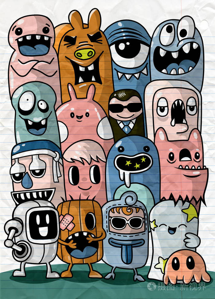 矢量插画怪兽和可爱的外星人友好, 酷, 可爱的手绘怪物收集矢量 eps