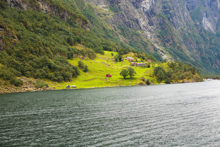 风景与 Naeroyfjord, 山和传统村庄房子在挪威