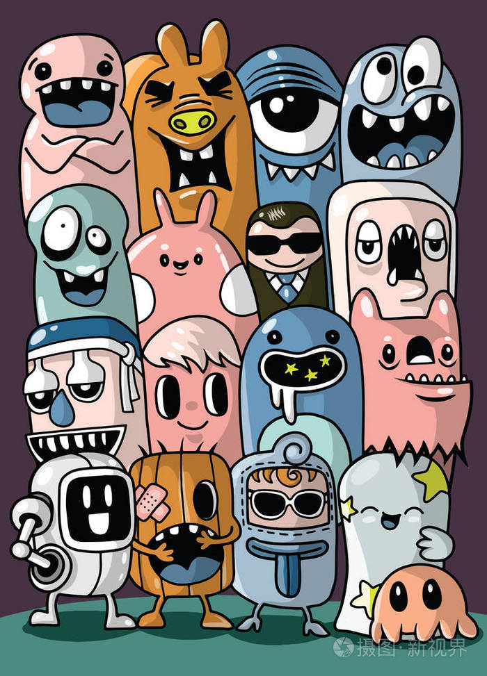 矢量插画怪兽和可爱的外星人友好, 酷, 可爱的手绘怪物收集矢量 eps