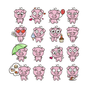 收集最可爱的猪字符图标设置与不同的情绪。新2019年的矢量插图