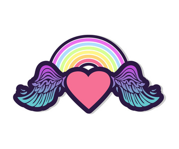 翅膀徽章心以彩虹和翅膀为标志, 贴纸, 补丁, 徽章, 图标.