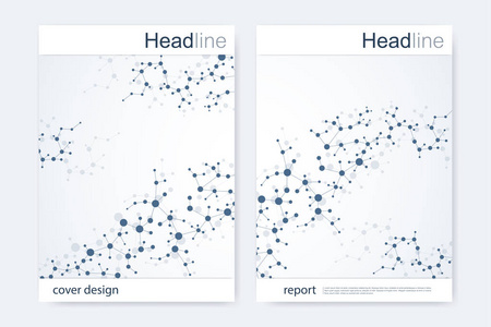 科学的宣传册设计模板。矢量海报布局 分子结构与连接的线和点。科学模式原子 Dna 与杂志 传单 封面 海报设计元素
