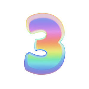 字母数字3。彩虹字体由明亮的肥皂气泡制成。3d 渲染在白色背景下被隔离