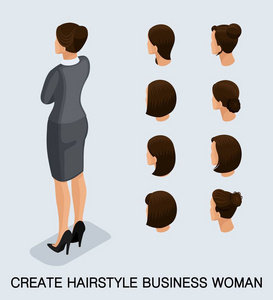 设置 2 时尚 3d 商务女士，女生的发型，一套造型，头发，头发的颜色。后视孤立在明亮的背景上。矢量图