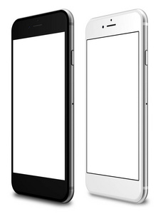 白色背景上的白色和黑色的智能手机，与一个空白的屏幕设置