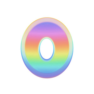 字母数字0。彩虹字体由明亮的肥皂气泡制成。3d 渲染在白色背景下被隔离