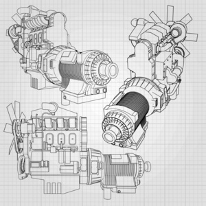 大的柴油发动机用卡车在方格纸上轮廓线所示。灰色的背景上的黑色线的轮廓
