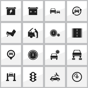 16 可编辑汽车图标集。包括汽车服务 汽车修理 汽车修理和更多的符号。可用于 Web 移动 Ui 和数据图表设计