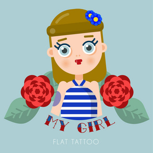 经典纹身的平面设计中的矢量插图一个可爱的女孩和玫瑰