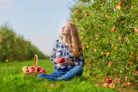 女人采摘成熟的有机苹果