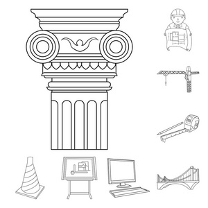 结构和结构大纲图标集合中的设计。建筑师和设备矢量符号股票网页插图
