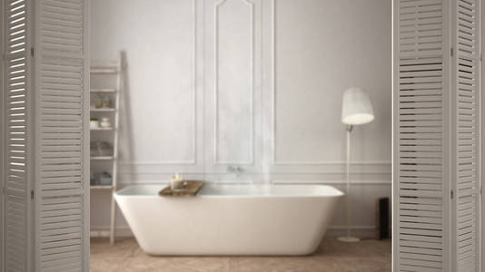 白色折叠门打开现代斯堪的纳维亚浴室与浴缸, 白色室内设计, 建筑师设计师的概念, 模糊背景