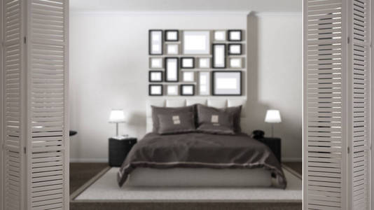白色折叠门打开现代灰色卧室, 白色室内设计, 建筑师设计理念, 模糊背景