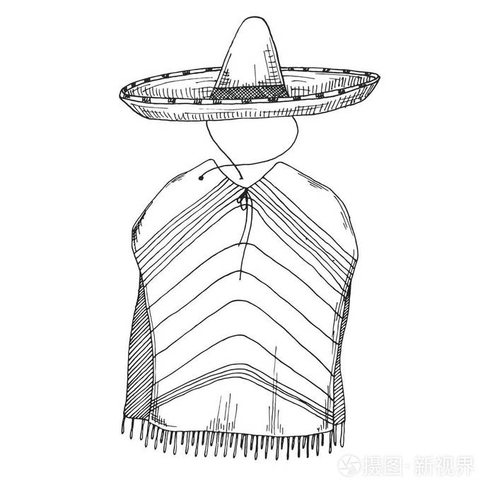 斗篷和草帽的素描.矢量插图