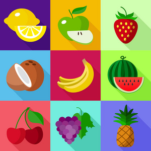 五颜六色水果平在颜色的方块上设置