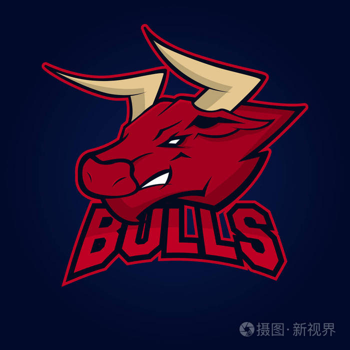 运动队的公牛吉祥物.公牛, 标志, 黑暗背景上的符号