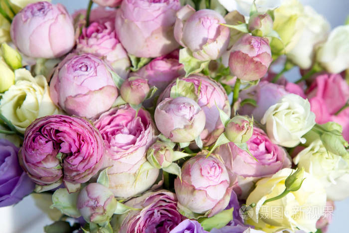 玫瑰灌木花束, 粉红色, 白色, 丁香色柔和的颜色