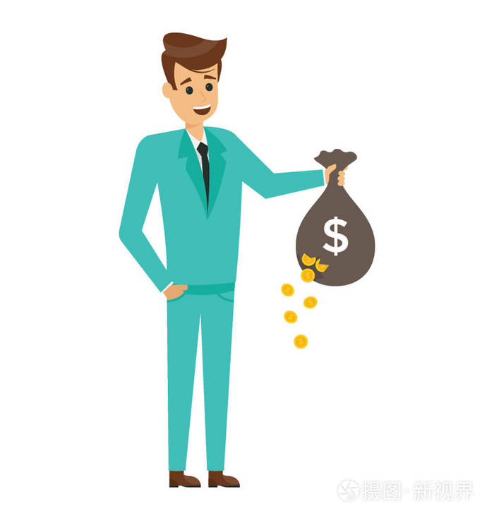 一个卡通人物持有钱袋可能是一个投资者