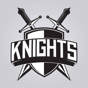 两个交叉的剑,用丝带文本孤立的矢量体育团队会徽模板照片