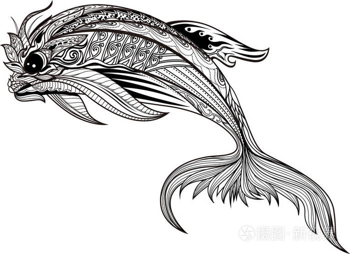 海豚有很高的细节成人抗应力着色页黑色白色手画涂鸦海洋动物为艺术