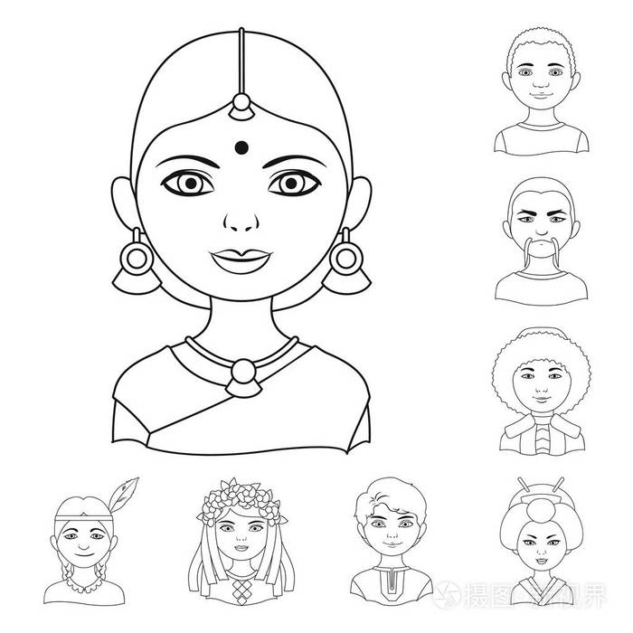 人类的种族轮廓图标集集合中的设计.人和民族矢量符号股票网站插图