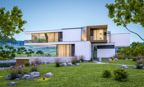 3d. 将现代舒适的房子由河与车库出售或租金与美丽的山在背景下渲染。晴朗的夏日傍晚, 蔚蓝的天空。舒适温馨的窗口灯