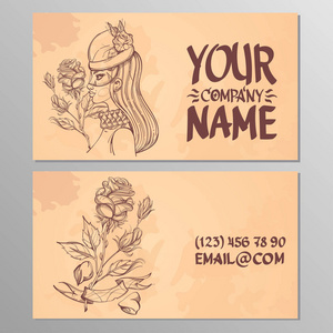卡片上有一个女人和一朵玫瑰的形象。用于创建名片海报广告页的模板