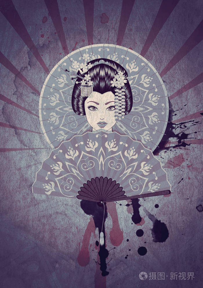 老式海报与卡通艺伎垃圾纸纹理背景