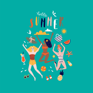 夏日流行艺术插图与快乐的年轻女士。热带海滩。排版矢量插图