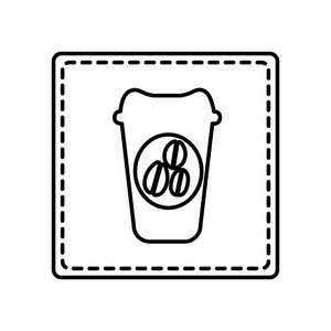 单色的轮廓广场和虚线与一次性咖啡杯