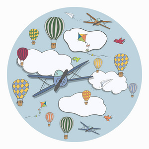 矢量圆形模板与热空气 baloons, 飞机在蓝天飞行。卡片横幅和其他设计的矢量插图