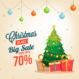 圣诞节销售在 7月, 海报, 或横幅模板, 与圣诞树和礼品盒
