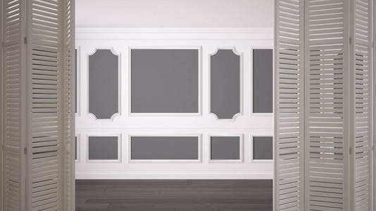 白色折叠门开放在经典的空空间与灰泥造型和镶木地板, 老式室内设计