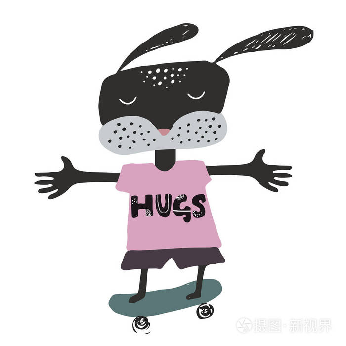 可爱的兔子在滑板做拥抱