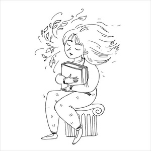 着色书的黑白矢量插图。一个微笑的女孩坐在老柱子上, 拿着大书。