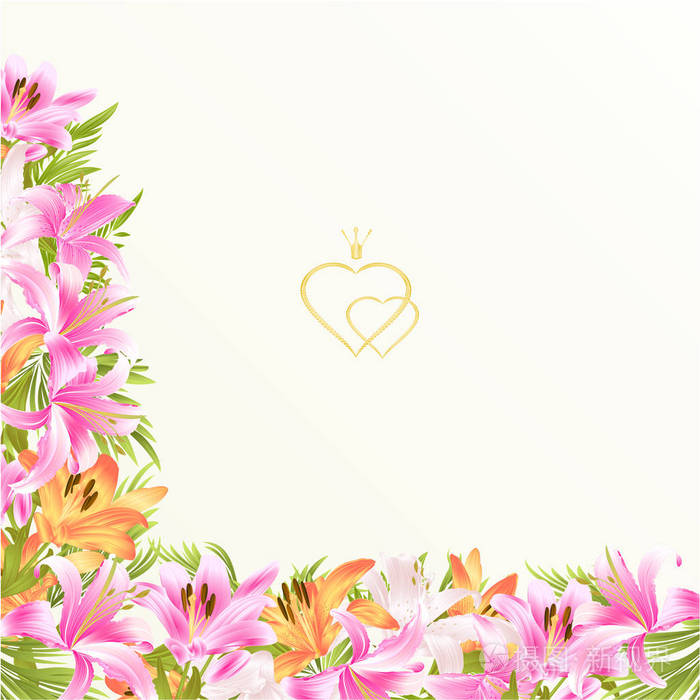 花卉边框喜庆的背景与盛开的百合和芽老式矢量插图贺卡可编辑手画