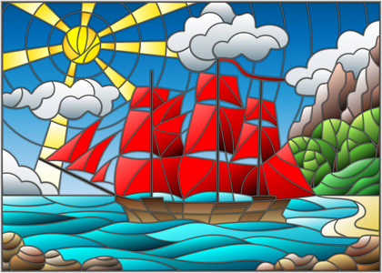 对天空 大海和日出的红帆帆船彩绘玻璃风格的插图