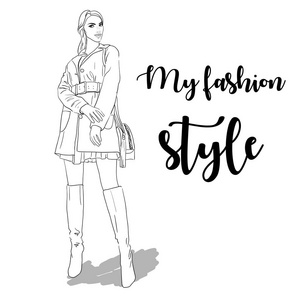 手被画的妇女在外套.时装模特.向量照片