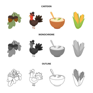 橡子玉米 arthene 酱, 节日火鸡, 加拿大感恩节集合图标在卡通, 轮廓, 单色风格矢量符号股票插画网站
