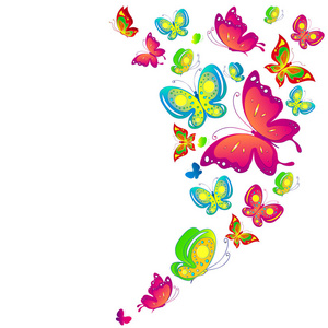 明信片与五颜六色的飞行蝴蝶收集在白色背景, 媒介, 例证隔绝了