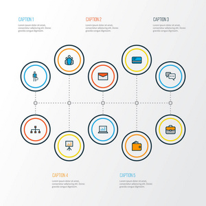 贸易图标彩色线设置与电子邮件, 员工, 结构和其他钱包元素。独立矢量插图贸易图标