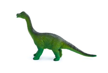 在白色背景上侧视图绿色腕龙玩具照片