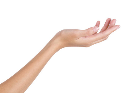 赤裸的双手女人的手拿着东西空背一侧,在白色背景上孤立照片