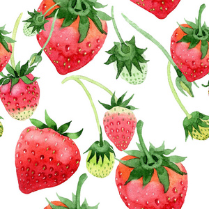 红色草莓健康食品。无缝的背景图案。织物墙纸打印纹理。水果的全名 草莓。水彩画的背景, 纹理, 包装图案或菜单的野生水果