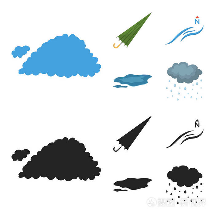 云, 伞, 北风, 地面上的水坑。天气集合图标在卡通, 黑色风格矢量符号股票插画网站