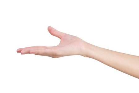 赤裸的双手女人的手拿着东西空,孤立在白色背景上照片