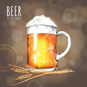 水彩元素的主题啤酒。啤酒杯, 啤酒花, 麦芽